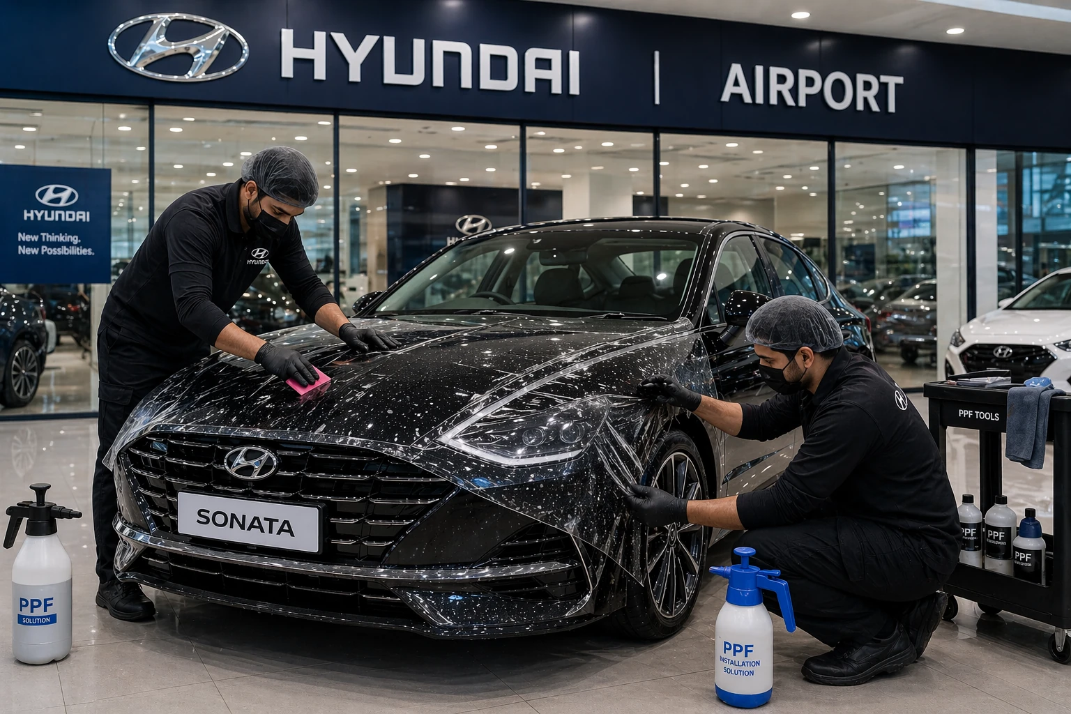 Hyundai Airport Lahore PPF installation on car with paint protection film applied